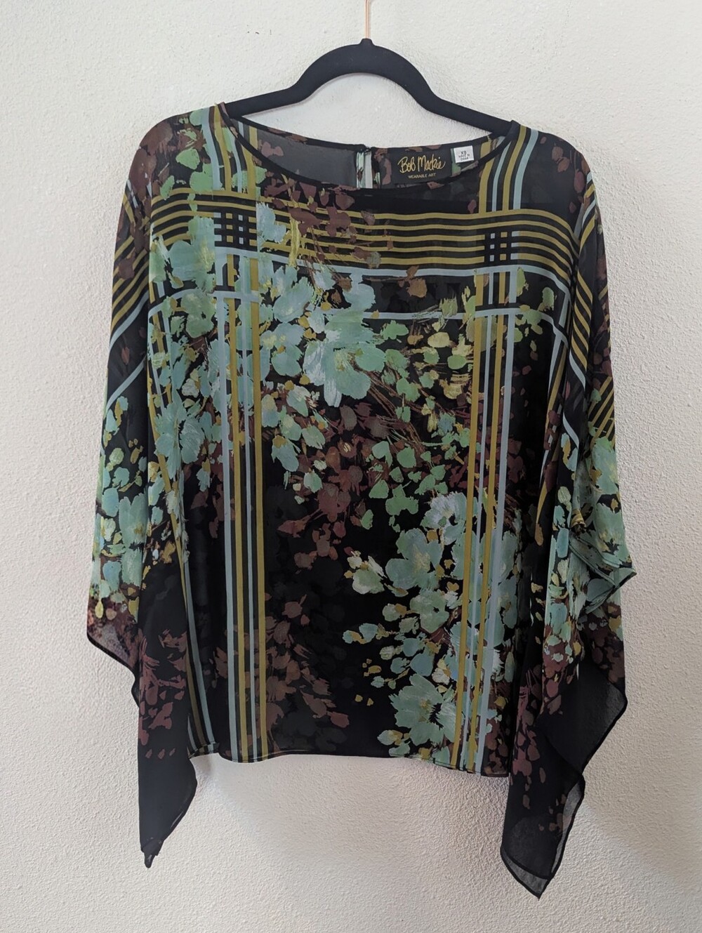 Bob Mackie Black Sheer Floral Tunic with Mint and Olive Accents Size S